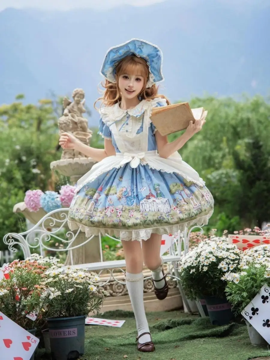 Sweet Lolita Alice Print Mini Dress Women Peter Pan Collar Ruffle Sleeve Lace Trim Bow Apron Style A-Line Tea Party Outfit 2026