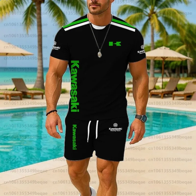 

Лето 202, новый мужской комплект шорт с узором Kawasaki, быстросохнущий дышащий спортивный комплект, уличный стиль, крутое высокое качество