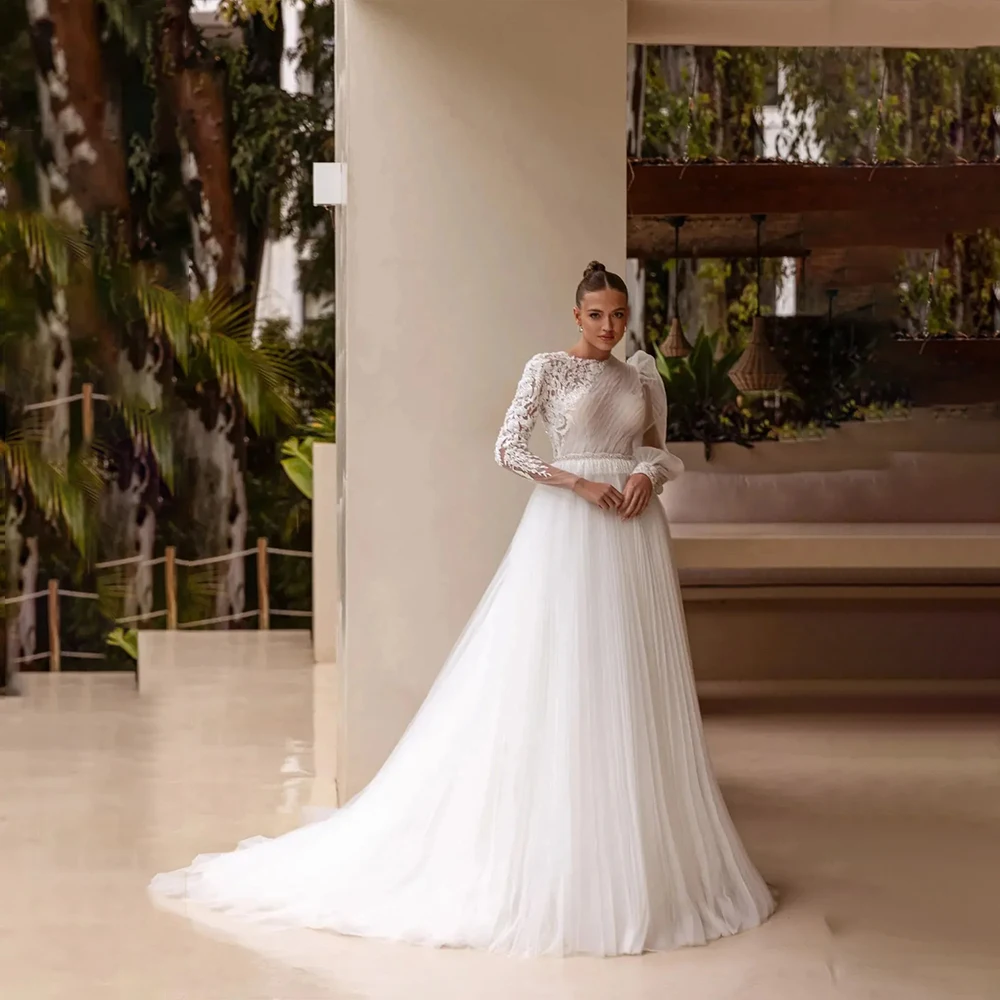 

Elegant Wedding Dresses Long Sleeve O-Neck Tulle Bride Dress with Appliques Pleat A-Line Bridal Gown Customized vestido de novia