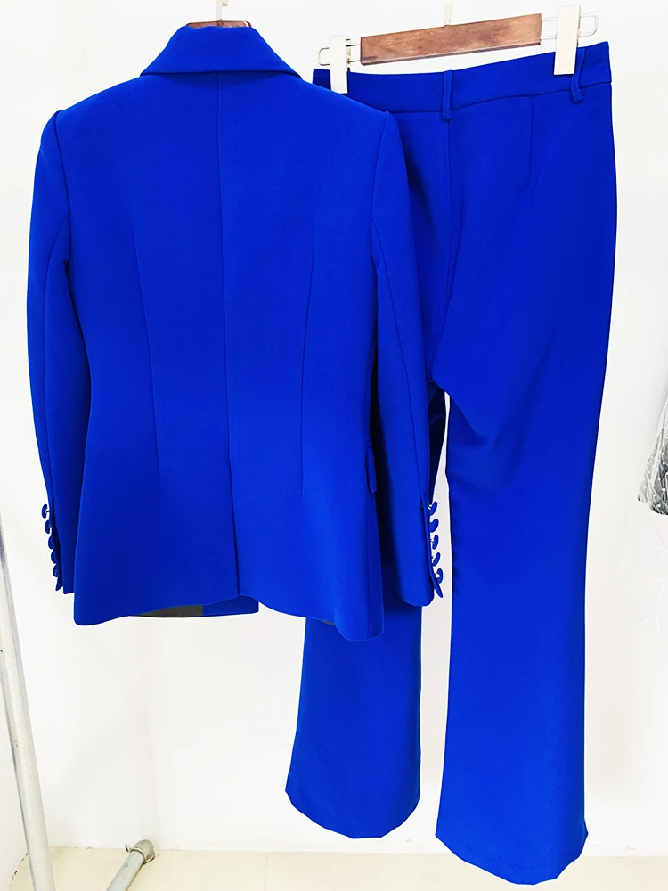 HIGH STREET Newest 2024 Designer Runway Suit Set Women\'s Single Button Slim Fit Lapel Blazer Flare Pants Suit 2pcs Royal Blue