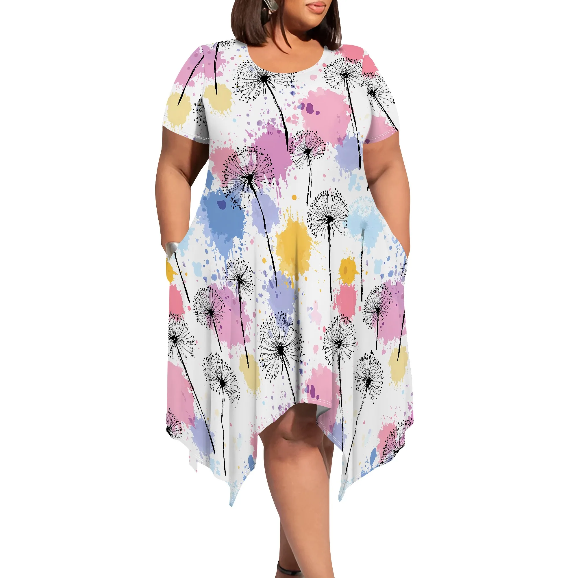 

Women's Summer Boho Dress In Floral Pattern Short Sleeves Round Neck and Pockets For Plus Size Beach Wedding Guests