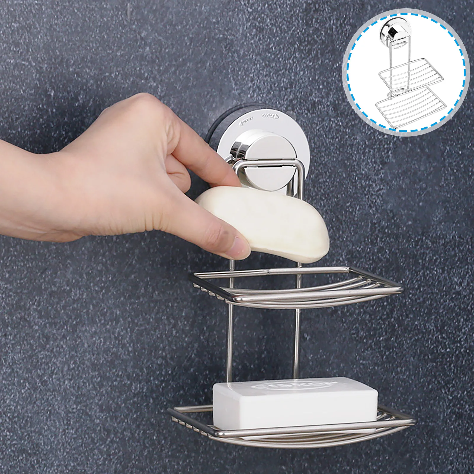 

Stainless Steel Soap Holder Dish for Shower with Suction Cup Tray Sponge Powerful Wall Mounted Sucker Tub