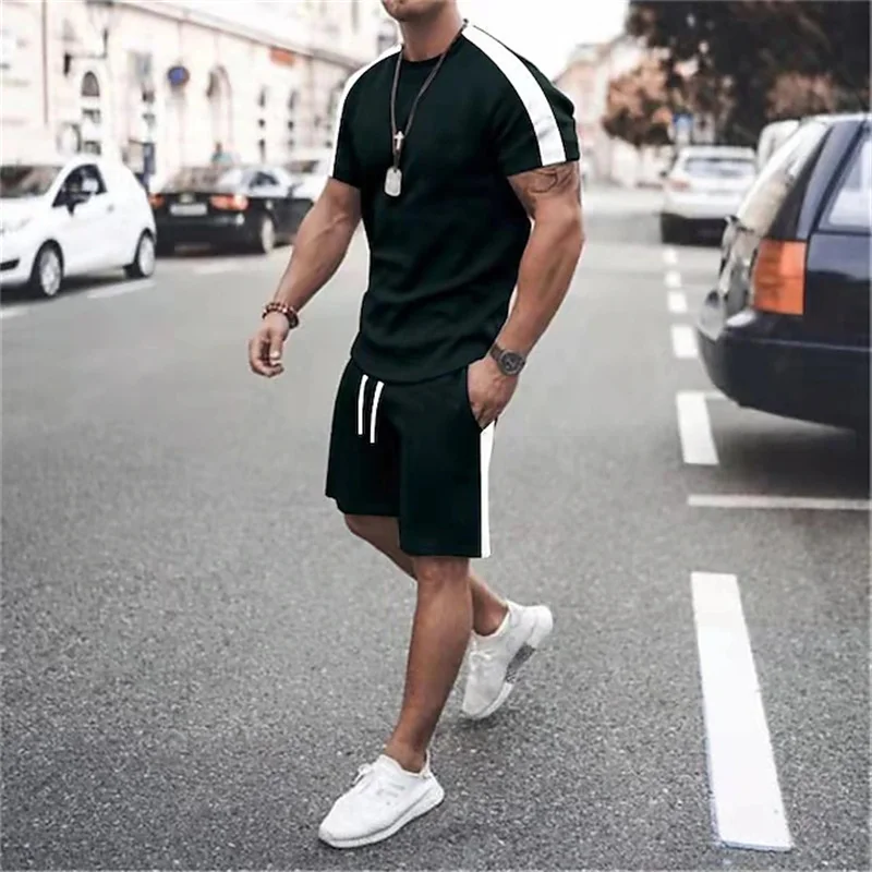 Summer Men\'s Suit Fashion 2 Piece Mens T Shirt Shorts Suit Casual Splicing Printed Sportswear Super Street Shooting Men Clothing