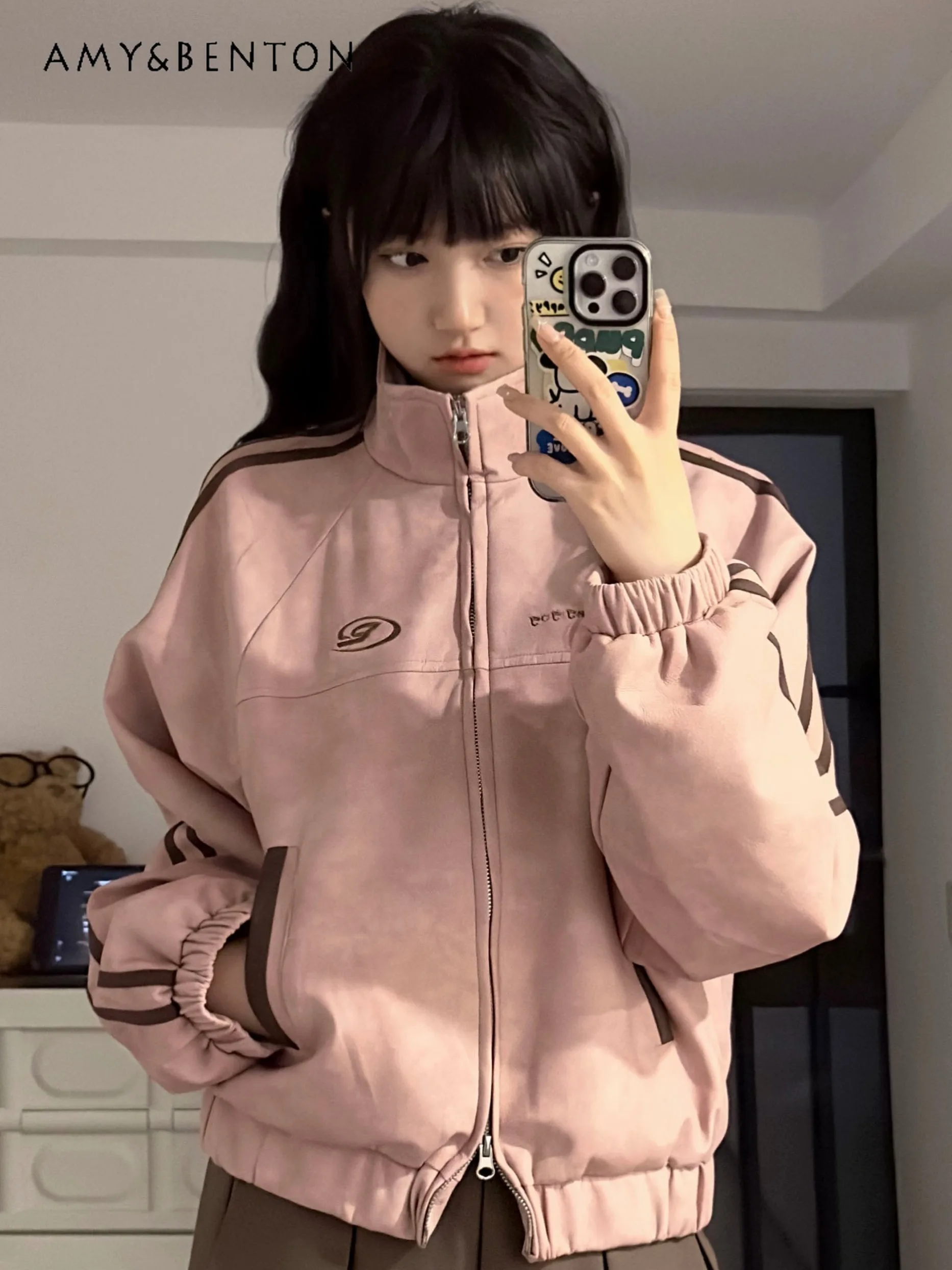 

2025 Spring and Autumn American Retro Suede Baseball Jacket for Women Slim Fit Casual Versatile Short Pink Jacket Coat