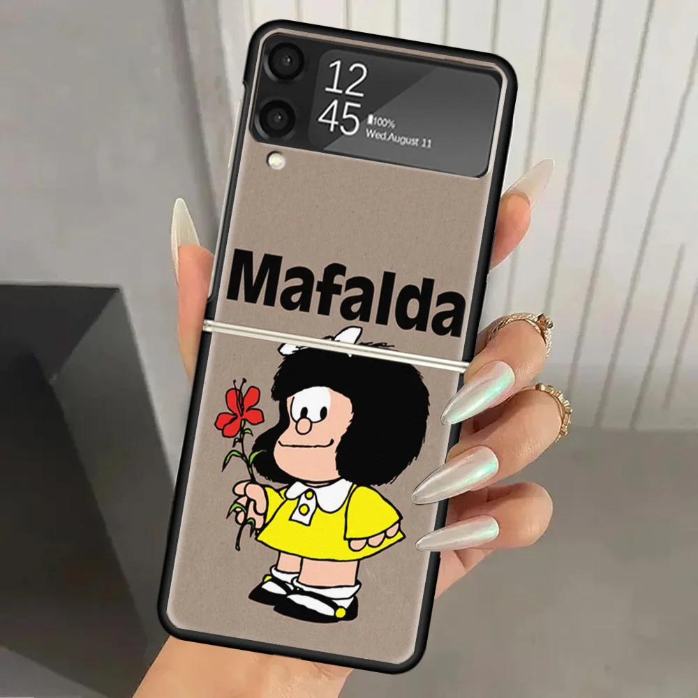 Mafalda Cartoon Hard PC Phone Case For Samsung Galaxy Z Flip 6 5 4 3 Black Cover ZFlip6 Flip5 Flip4 5G Foldable Print Cases