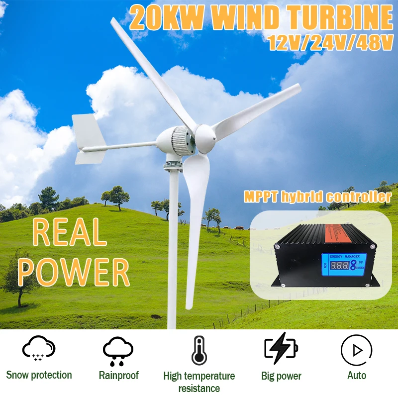 REAL POWER 20KW 12V 24V 48V AC Free Energy Wind Turbine Generator For Home Farm Windmill Electric Generator With MPPT Controller