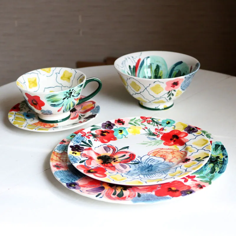 Collaborative Collection Light Luxury Underglaze Hand-painted Large Flower Stake Plate Dessert Plate Salad Bowl Coffee Cup