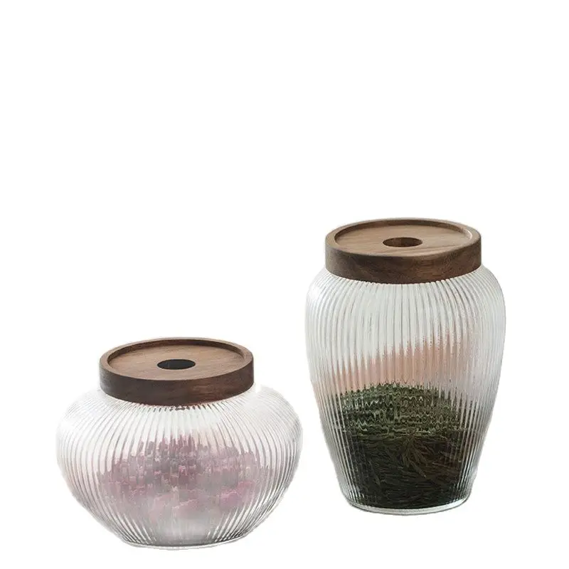 Thickened Glass Tea Jar Sealed Storage Box Household Large Wooden Lid Snack Jar Moisture-proof Simple Coffee Bean Storage Jar