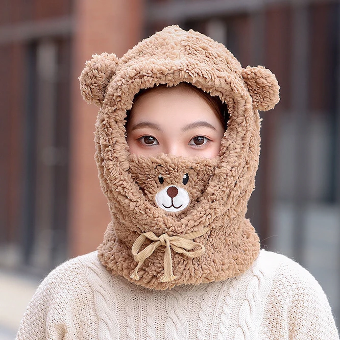 

Hat Turn Towel One Women Plush Thickened Cute Bear Plush Lamb Cashmere Cold Proof Student Girl Ear Mask Winter Warm Coffee