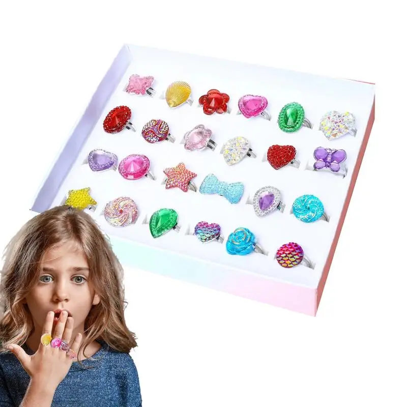 Little Girl Jewel Rings In Box Adjustable No Duplication Girl Pretend Play And Dress Up Rings 24 Lovely Rings