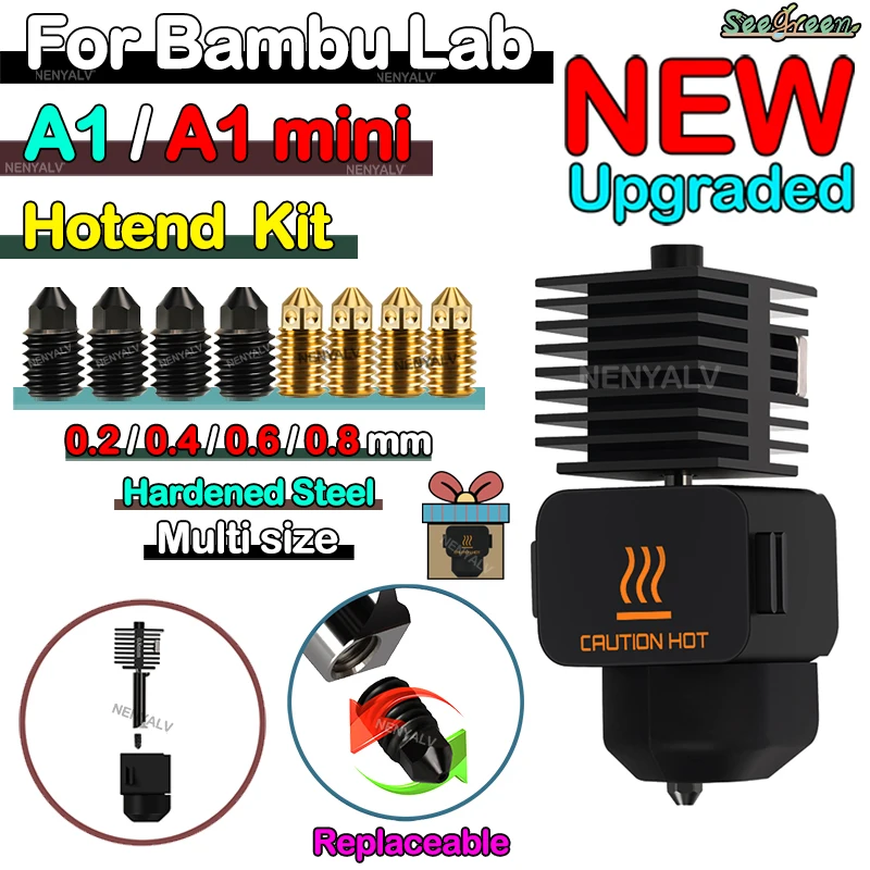 Hotend Kit For Bambu Lab A1/A1 Mini Fast Speed Hot End Assembly 0.2/0.4/0.6/0.8mm Hardened steel Nozzle Brass 3D Printer Part