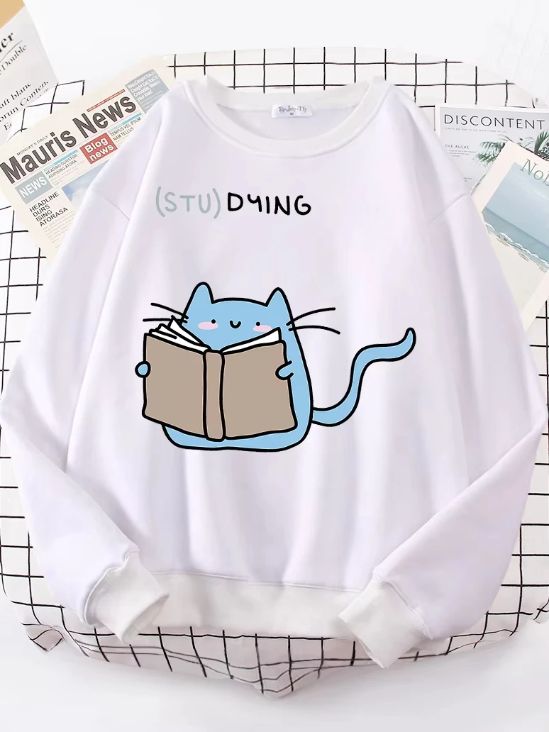 

Females Sweatshirts Love Studing Cute Cat Printed Tops Womens Korean Fashion Oversize Sweater Kawaii Animal 2022 New Lady Hoodie