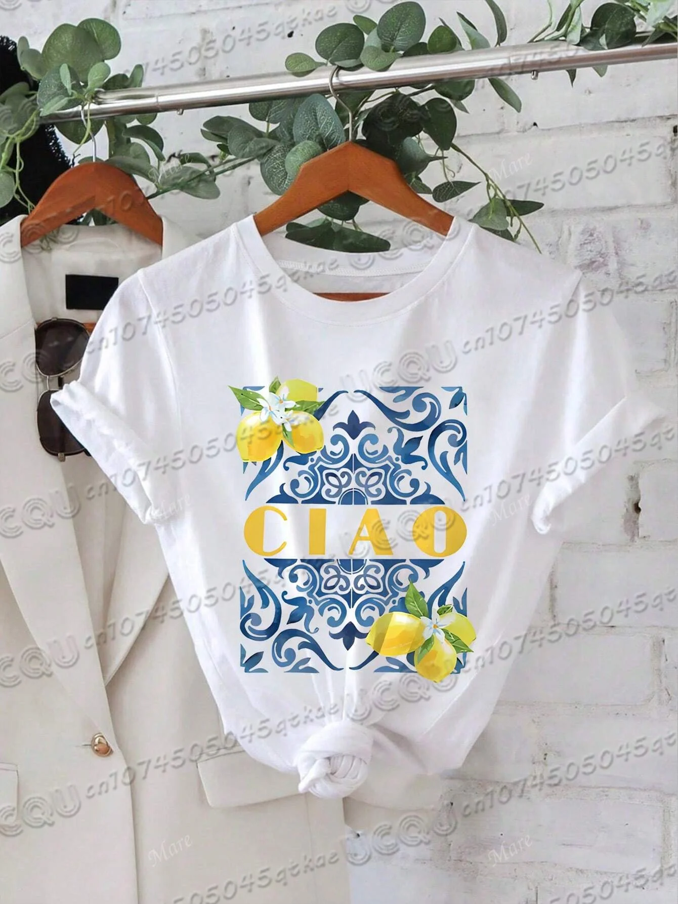 تي شيرت Ciao Bella من القطن المطبوع بالفواكه والنباتات تي شيرت صيفي نسائي مريح كاجوال بأكمام قصيرة للسفر والعطلات تي شيرت فضفاض