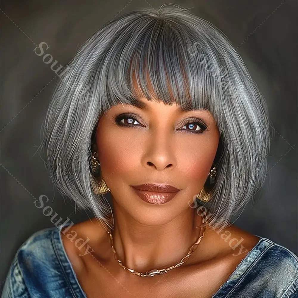 

Wig Secret Chic Salt & Pepper Short Straight Bob Wig With Bangs Real Human Hair Wear and Go Glueless Fringe Wigs For Seniors