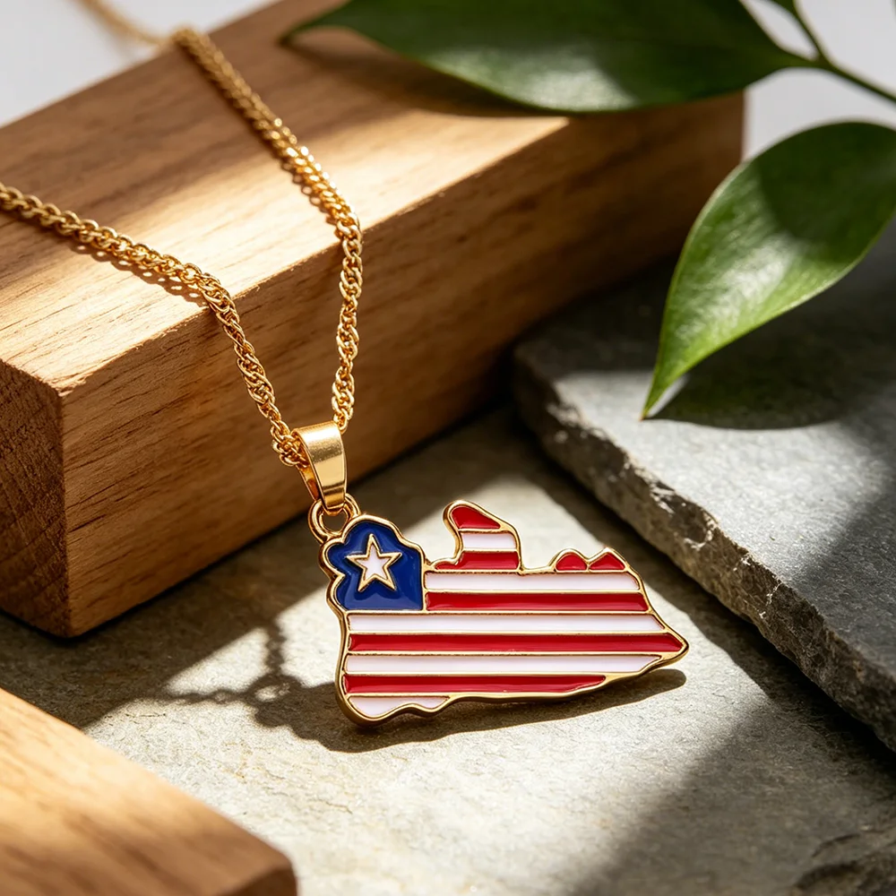 Liberia & Jamaica Map Flag Pendant Necklace, Gold Plated Cuban Chain Enamel Country Map Flag Charm Necklaces, Flag Jewelry
