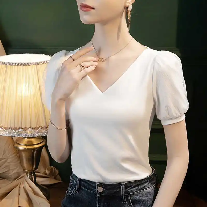 

Summer T-irt Temperment Me Ching Puff SVE Blouse ort Sve V-Ne Classic Pattern Pure Color Bubble Sve Polyester F...