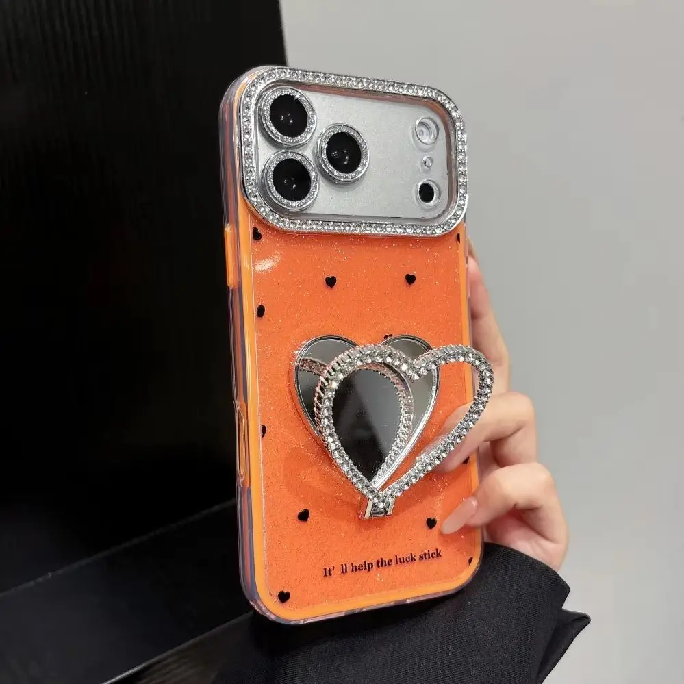 Glitzer-Diamant-Liebesherz-Spiegelhalterung Hülle für iPhone 16 17 Pro Max 15 14 Plus 12 13 11 Make-up-Halter Ständer Objektivschutzfolie