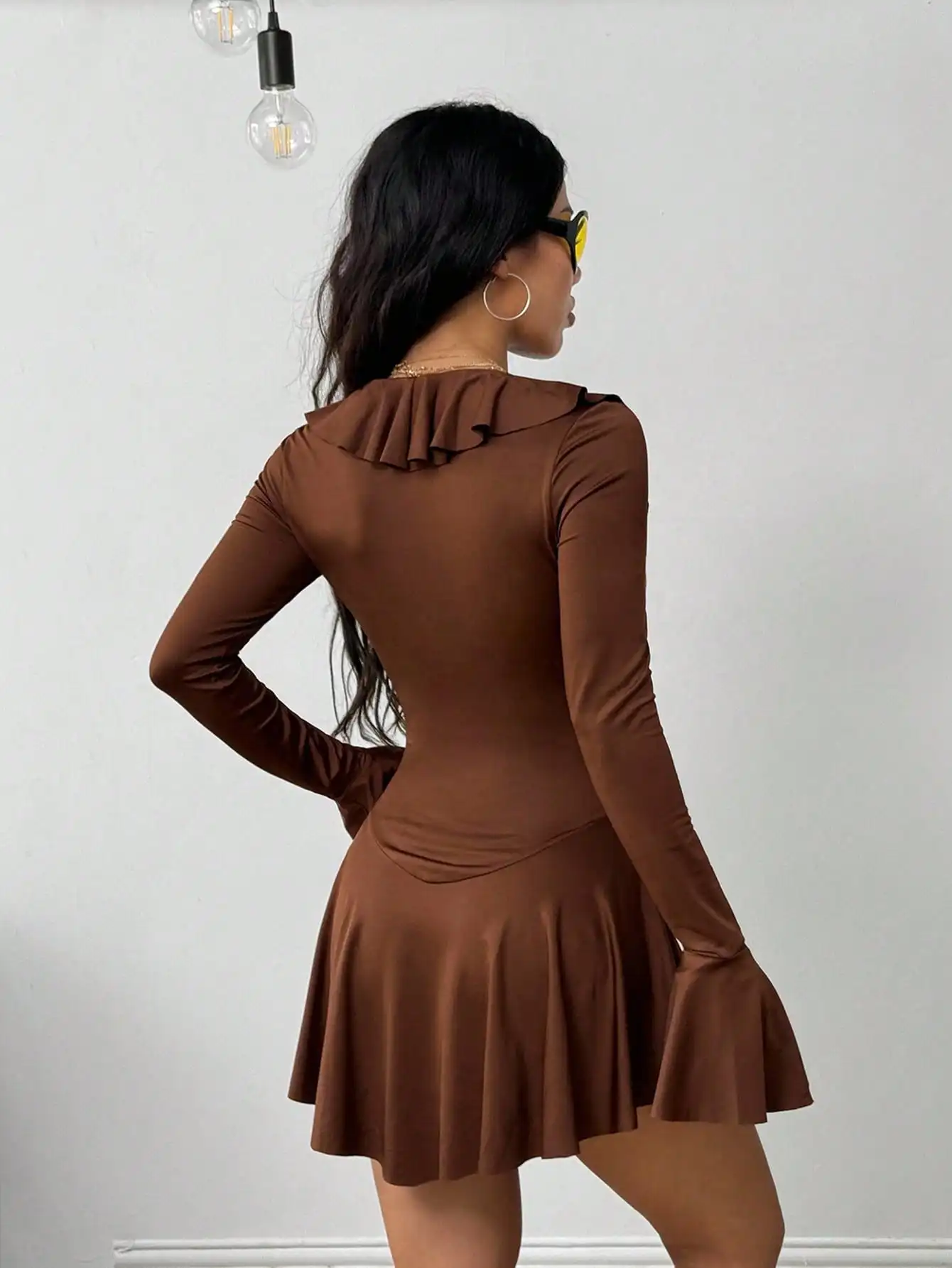 BWQ Women's Fall/Winter Back To School Western Wear Cowgirl Y2K Stretchy Ruffle V-Neck Tie Front Pleated Mini Elegant Dresses