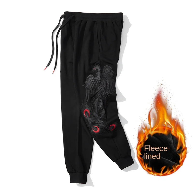 Chinese Style Embroidery Velvet Sweatpants Men's Winter Warm High-End and Fashionable Loose Elastic Casual Cold-Resistant Pants