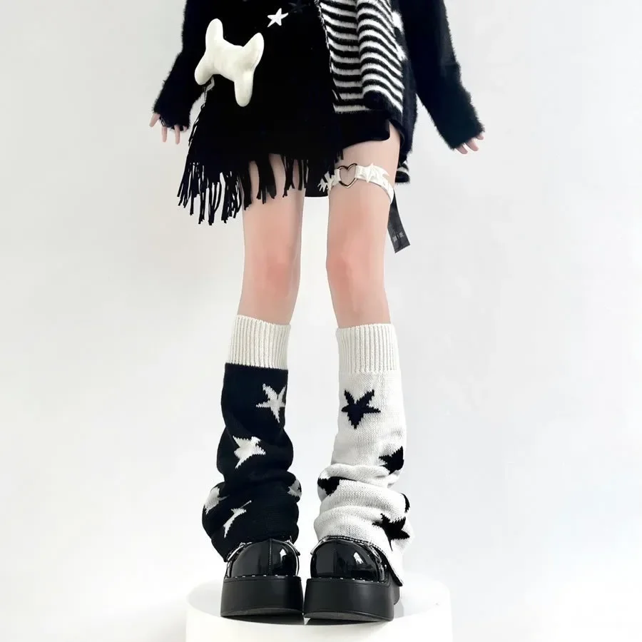 Y2K Punk Knitted Leg Warmers para Mulheres, Harajuku, Estrela, Gótico, Cruz, Coração, Dois Lados, Ajuste Solto, Coberturas para Pernas, JK, Coxa