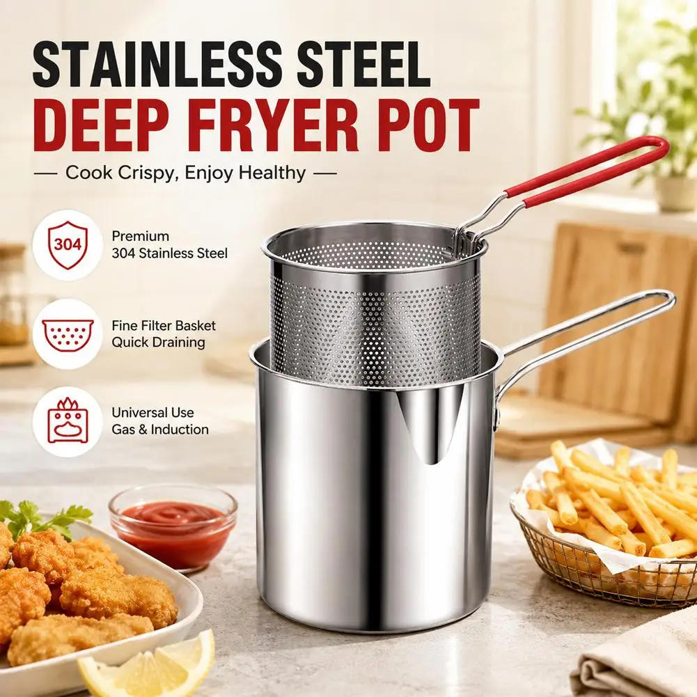 Stainless Steel Deep Fryer Pot With Strainer Basket Mini Tempura Frying Pot For French Fries Chicken Wings Kitchen view 2