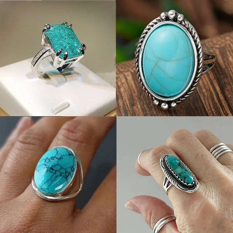 

Vintage Bohemian Geometric Faux Turquoise Ring Women's Personalized Multi-color Resin Jewelry Accessories Daily Hundred Rings