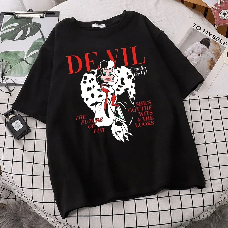 Disney Fashion Black and White Witch Demon Cartoon Cuira Cruella Printed T-shirt Women Short Sleeve O-neck Streetwear Tees Top