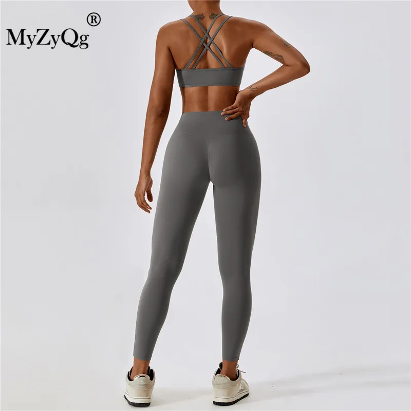 MyZyQg Women Yoga Two-piece Set Tight Cross Beauty Back Quick Dry Running Underwear Fitness Gym Pilate Vest Pant Suit Sportswear