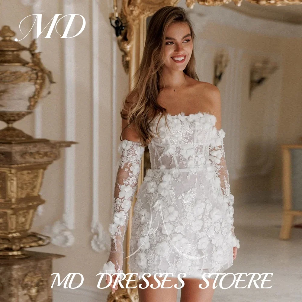 

MD Luxury Beaded Short Wedding Dresses Illusion Lace Bridal Gown Long Sleeves Mini Prom Party Dress Vestido De Noiva Customized