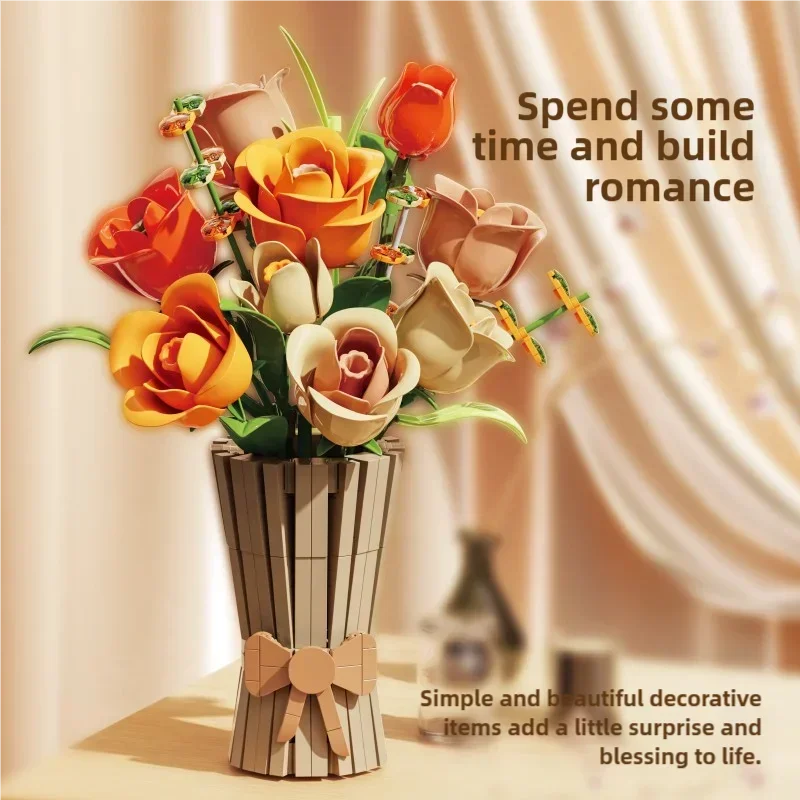 868PCS Rose Bouquet Building Blocks Eternal Flower Vase Model Bricks Desktop Decoration Young DIY Toys Girl Romantic Gifts