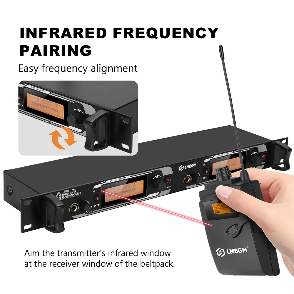 LMBGM AR2090 Pro UHF Professional Wireless In Ear Monitor System Mono Audio 164FT Range Dual Channel Metal Panel Stage Monitor Infrared Pairing 16CH Selectable Frequency for Band Studio Live Performance Church Karaoke DJ Stage Shows (2 Beltpack Receivers) view 5