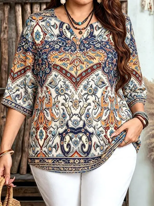 Women Boho Retro Paisley Bird Floral Full Print Blouse For Curvy Figures Notched Neck 3/4 Sleeve Loose Casual Ladies Tops