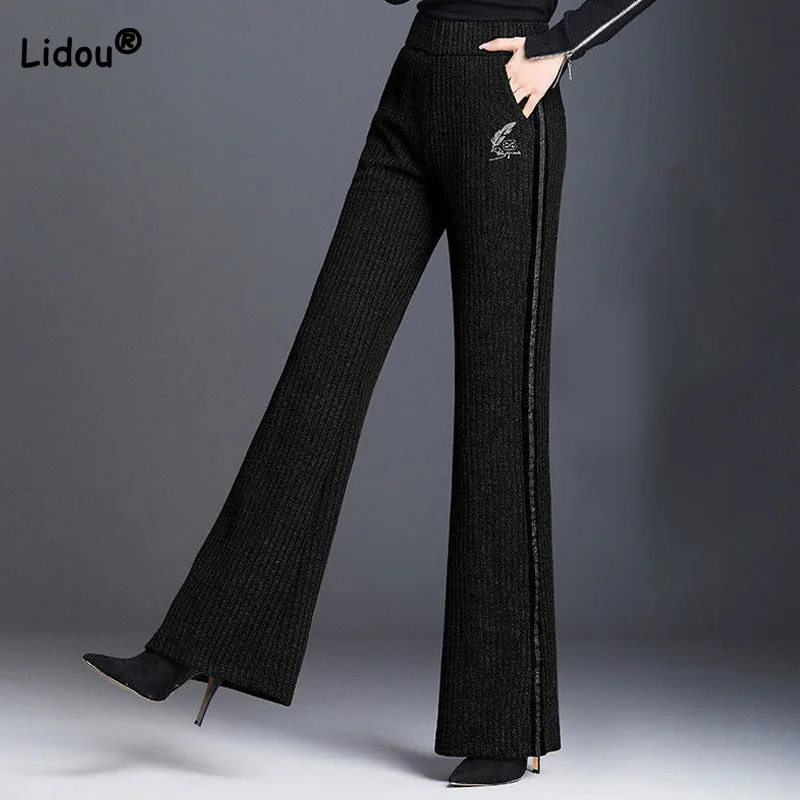 Women's Elegant Fashion Slim Fleece Flare Pants Autumn Winter Solid Casual Elastic High Waist Spliced Trousers Female Clothing