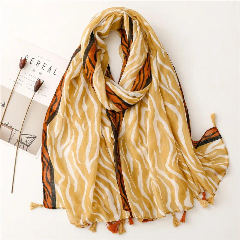 

2022 New Ladies Viscose Yellow Border Zebra Pattern Tassel Travel Beach Towel Shawl