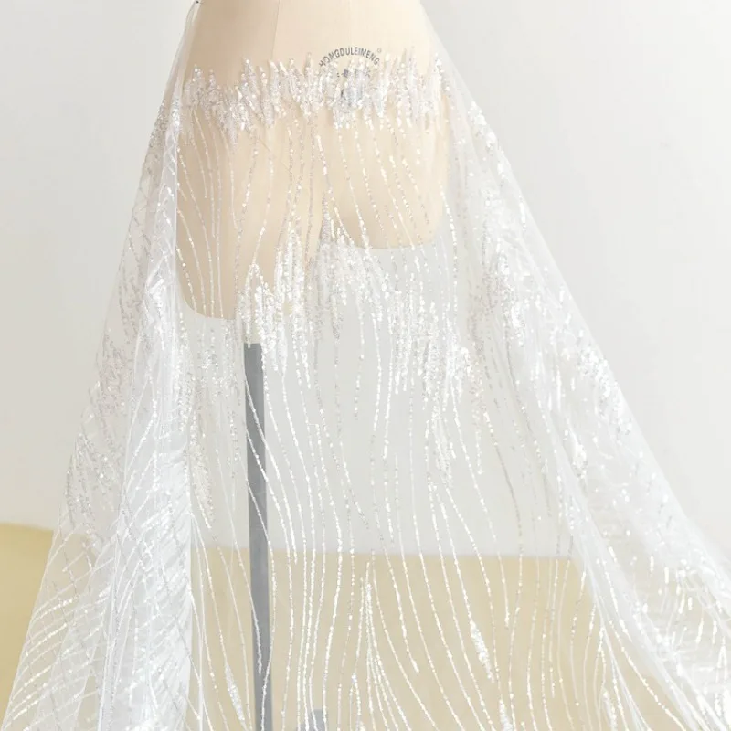 

1Yard Chaotic Sequin Embroidered Lace Fabric Wedding Dress Handmade Diy Decoration Sequins Tulle Fabric
