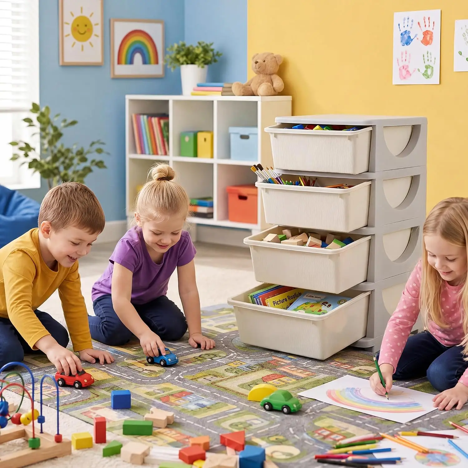 4 Tier PE Kids Storage Drawer, Toy Book Storage Cabinet Smooth Rounded Safe Corners, Wipe Clean With Damp Cloth, Burr-Free Smooth Edges, Multi Item Classification Storage