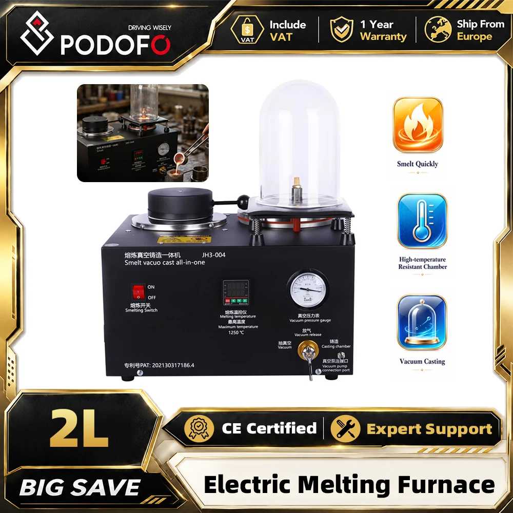 Forno per fusione sottovuoto Podofo 2L 2KG 3CFM 1/2HP con saldatrice a punti per gioielli, display digitale, attrezzatura per la creazione di gioielli