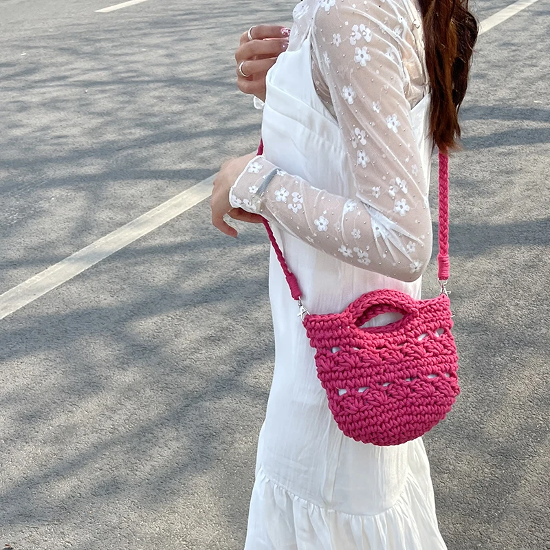 Women\'s Bag Woven Shoulder Crossbody Handbag Braided Cotton Fabric Crochet Soft Casual Lady Fashion Small Rope Bag 2024 New