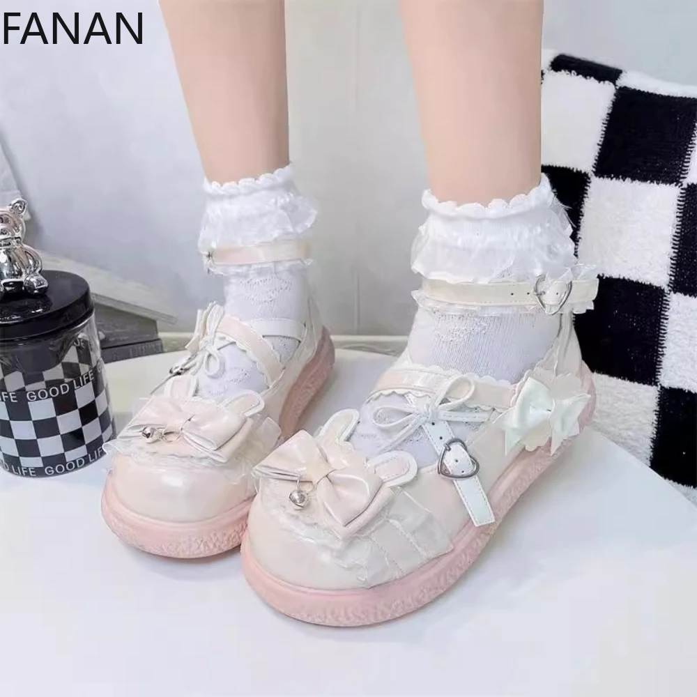 

2025 New Flats Sweet Lolita Low Heel Summer Round Head Cute Girl JK Uniform Pink Bow Platform Leather Shoes Sandals