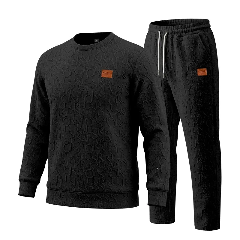 2026 Cross-border Spring and Autumn Men's Texture Pattern Set, Embossed Letter Crew Neck Sweater Pants Set, Large Size Wholesale view 4