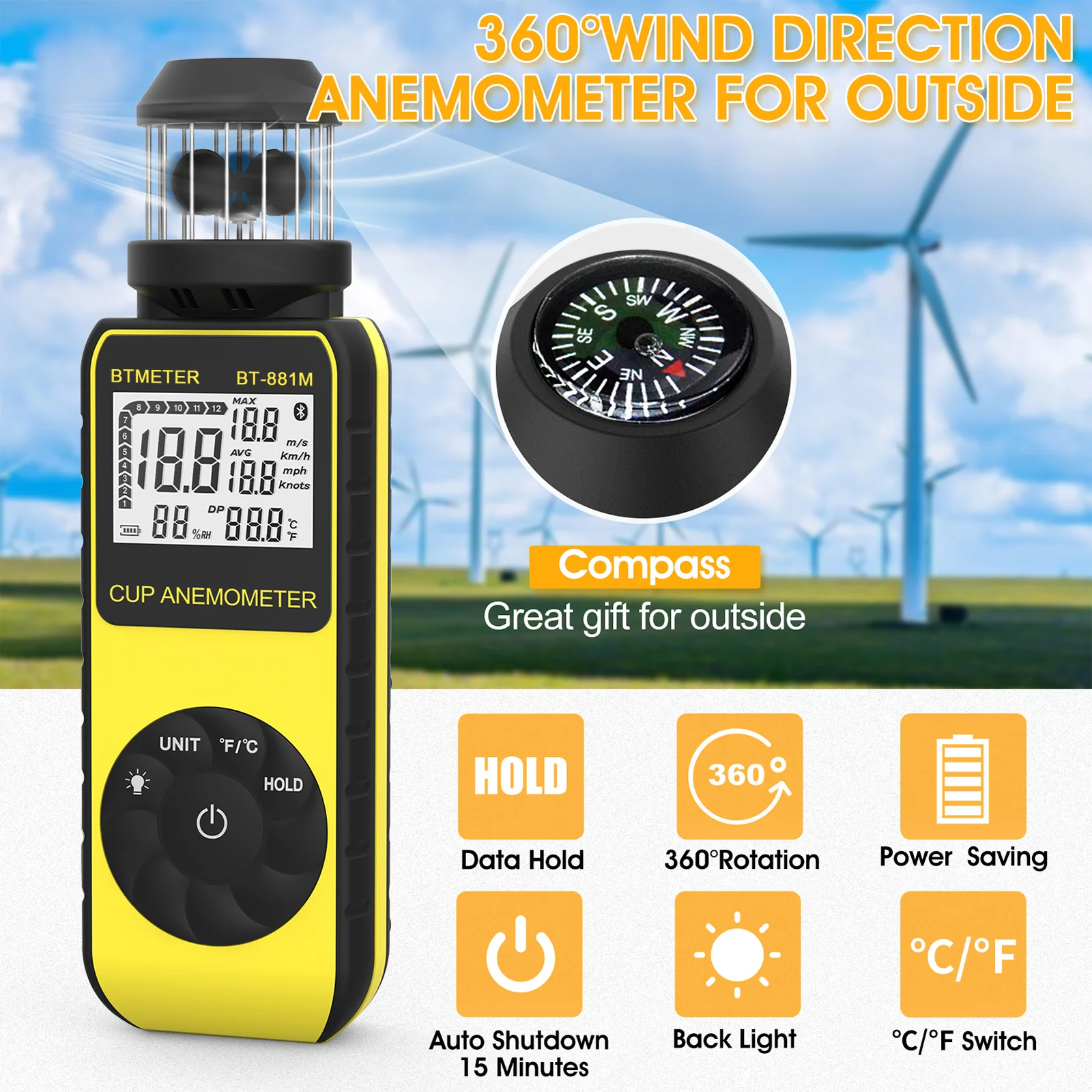 

BT-881M Digital Anemometer Wind Meter- Handheld Device with 360° Rotation for Accurate Wind Speed and Temperature Measurement