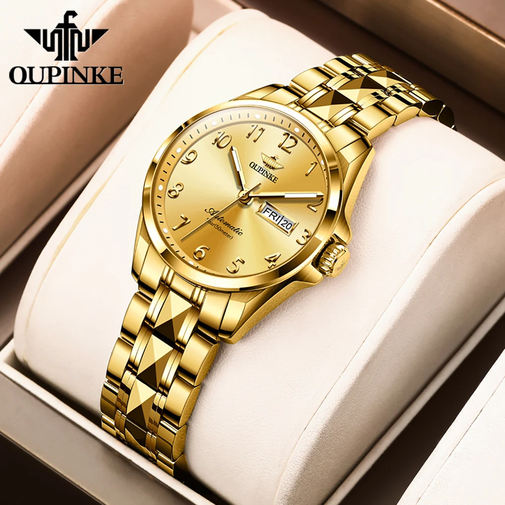 OUPINKE 3228 Luxury Classics Gold Womens Watches Automatic Mechanical Wrist Watch For Women Waterproof  Week Date Display