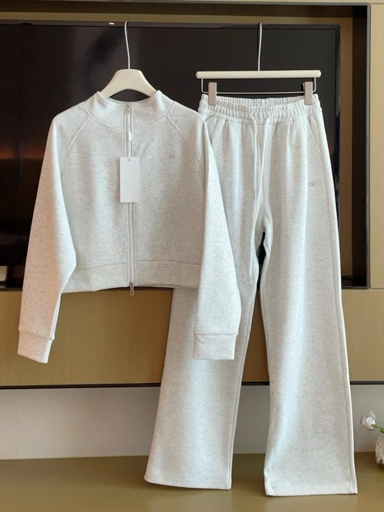 موضة فضفاضة مستقيم بنطلون امرأة الخريف الوقوف طوق عادية جاكيت زيبرا دعوى بلوزات Sweatpants 2 قطعة مجموعة ل