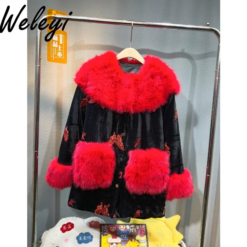 European Winter Cotton Padded Faux Fur Coats Ladies 2024 New Warm Women Big Fur Collar Beaded Long Sleeve Thickened Furry Jacket