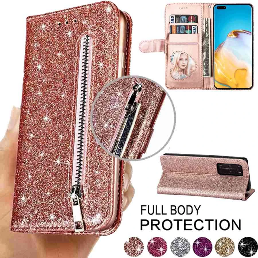 Wallet Glitter Leather Card Slots Case For Huawei P20 P30 P40 Lite Pro P Smart 2019 Y6 Y7 2019 Honor 8A 10i 10 Lite 20 Lite 20S