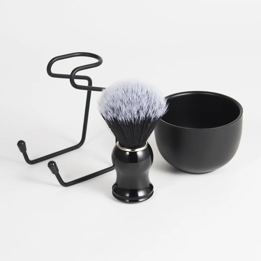 Conjunto de escova de barbear e tigela masculina, kit de escova de barbear 3 em 1, cabo de plástico com tigela de barbear de aço inoxidável e suporte de escova