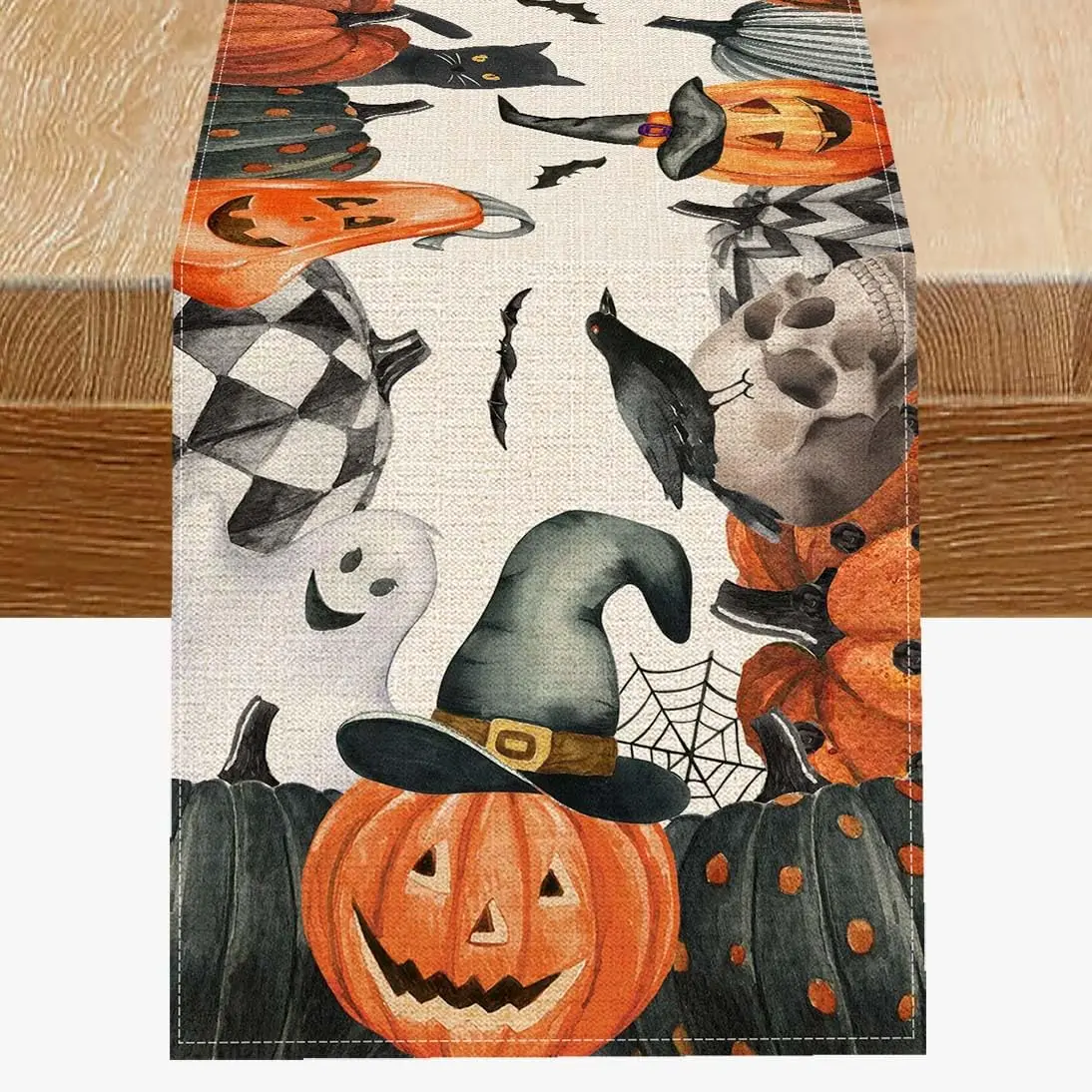 Halloween Pumpkin Ghost Black Cat Bats Linen Table Runner Dresser Scarf Reusable Kitchen Table Runner Halloween Decorations