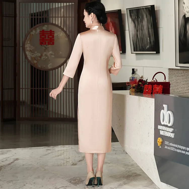 Yourqipao Modest 3/4 Sleeves Mother's of the Bride Dress Chinese Women Cheongsams Plus Size Wedding Guest Gown Vestido de Noche