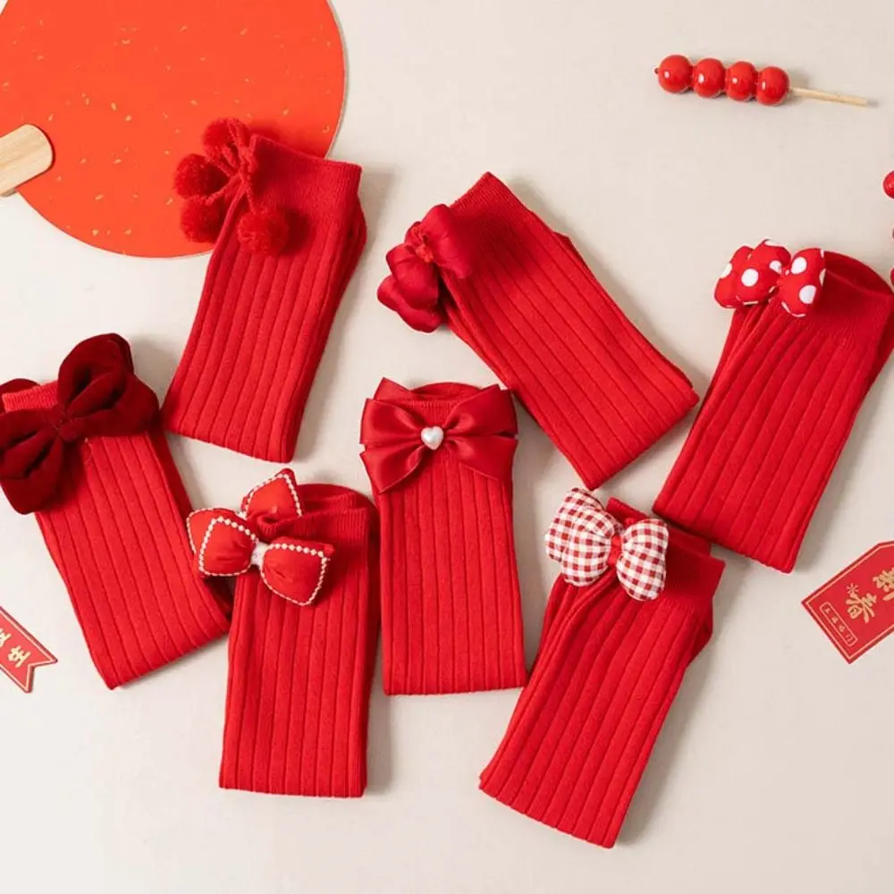 

Warm Middle Tube New Year Red Socks Thicken Cotton Children Long Socks Princess Sweet Bow Hosiery for Kids Home Socks