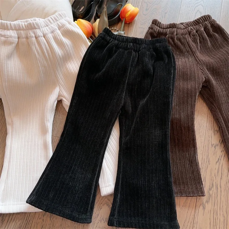 Baby girl pants2024Autumn and Winter New Fleece-lined Thickened Bootcut Pants Casual Western Style Chenille